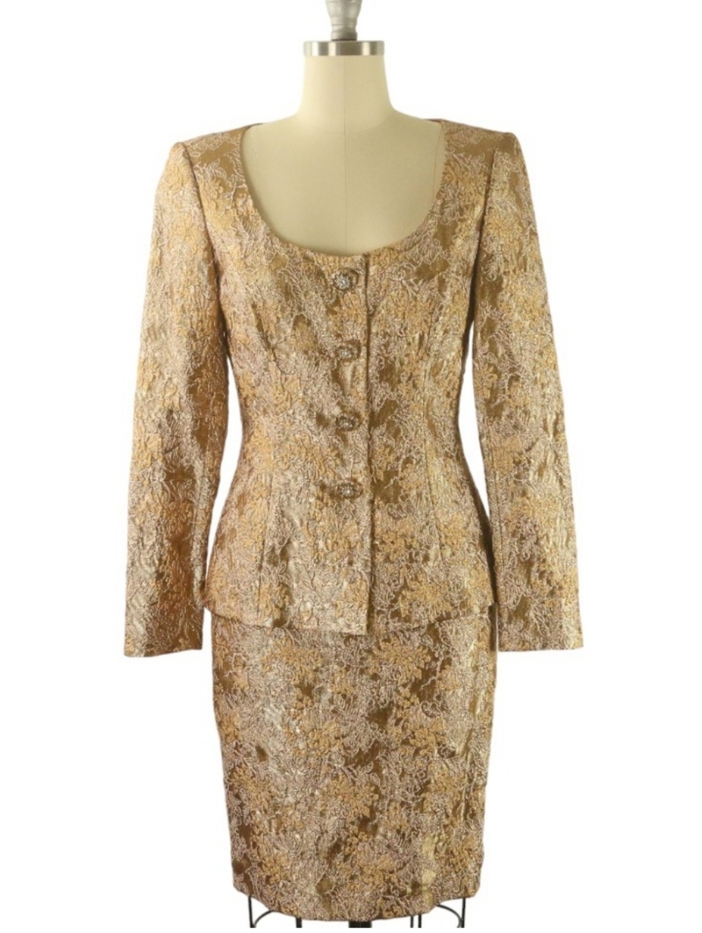 Escada Couture Metallic Gold Floral Brocade Jacquard Jacket & Skirt Set Size 34